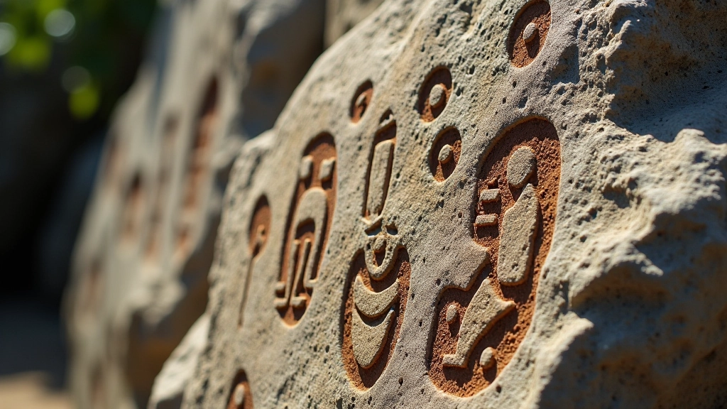 Petroglifos tallados en roca con símbolos geométricos y figuras ancestrales