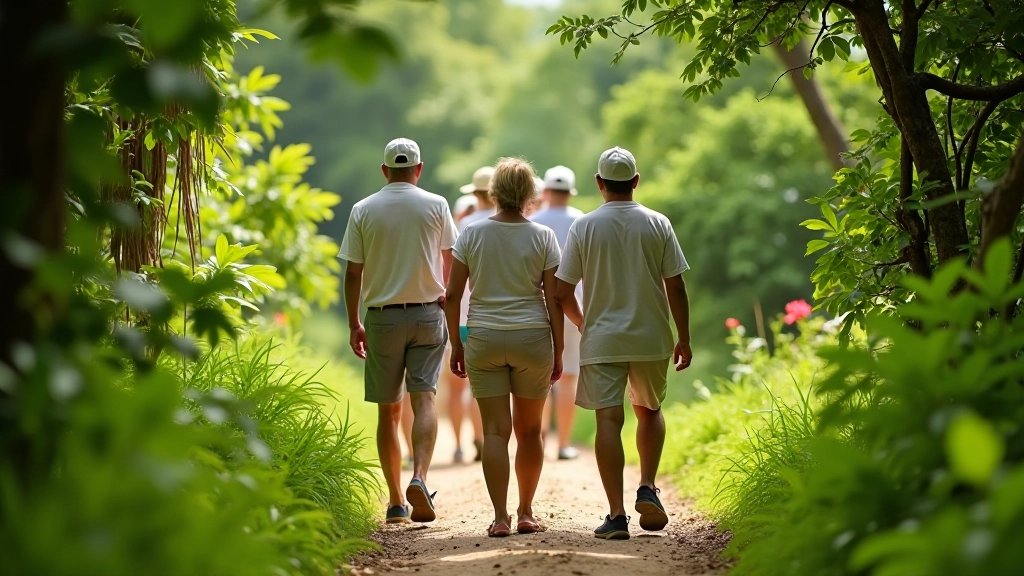 Grupo de adultos mayores caminando en sendero arqueológico