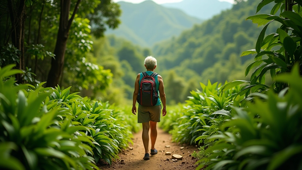 Persona mayor caminando por sendero en montaña con vegetación tropical densa